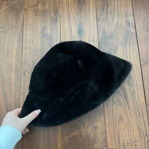Fuzzy black plush bucket hat